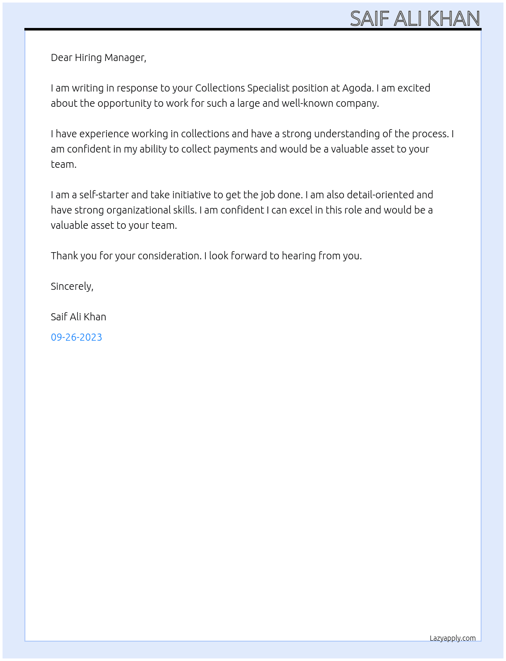 Collections Specialist At Agoda Cover Letter
