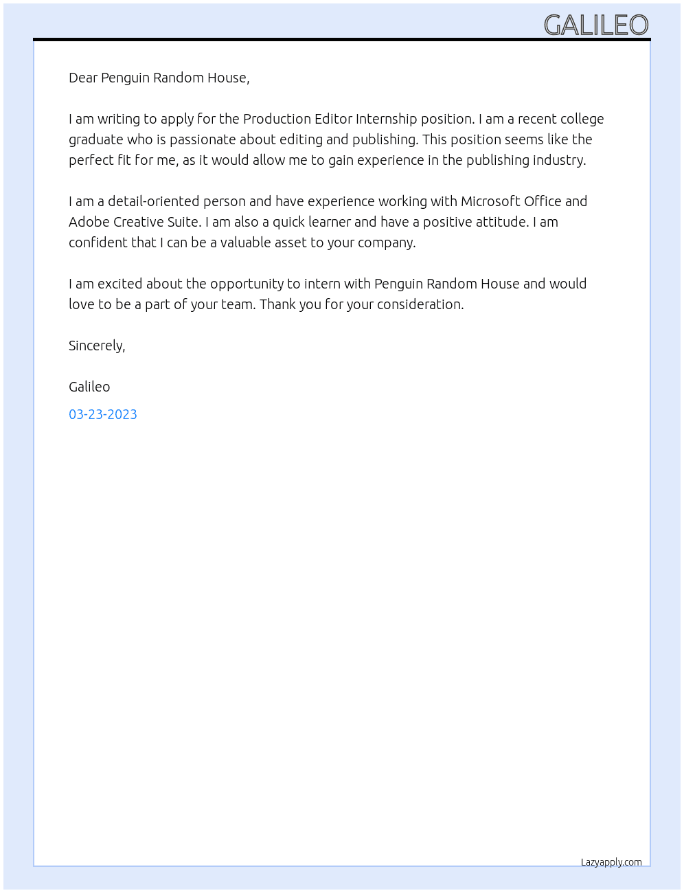 Production Editor Intership At Galileo Cover Letter