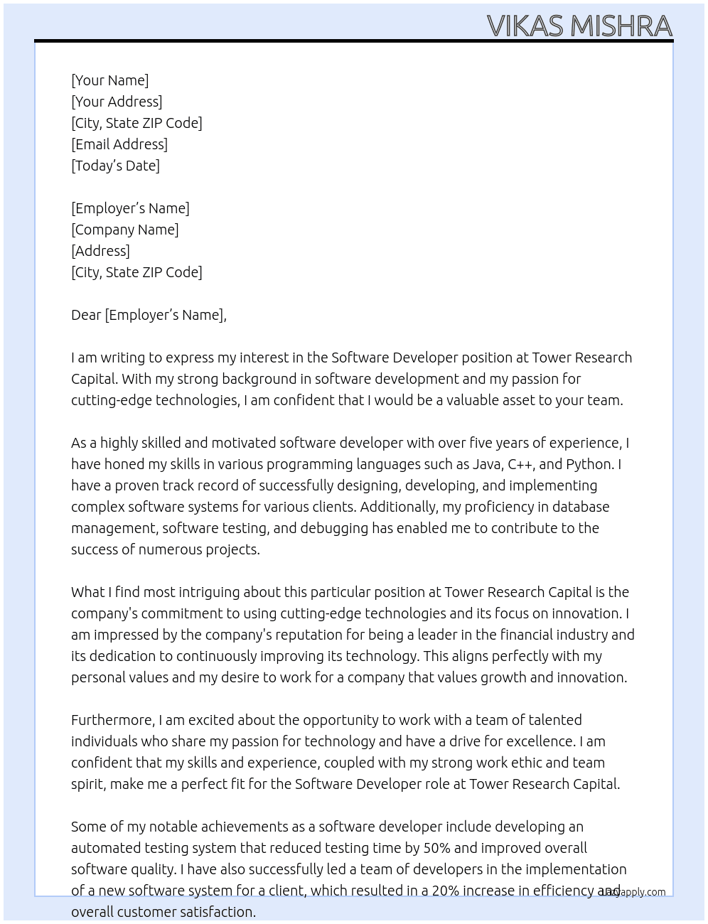 Software Developer At Tower Research Capital Cover Letter