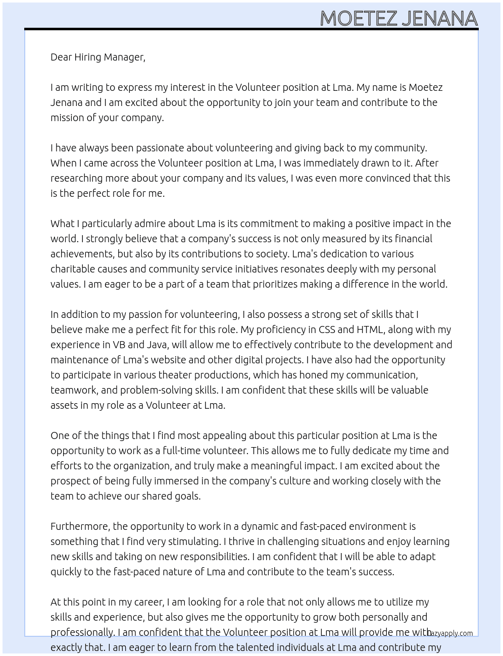 Volunteer At Lma Cover Letter