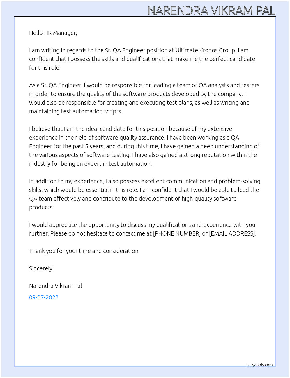 Sr. QA Engineer At Ultimate Kronos Group Cover Letter