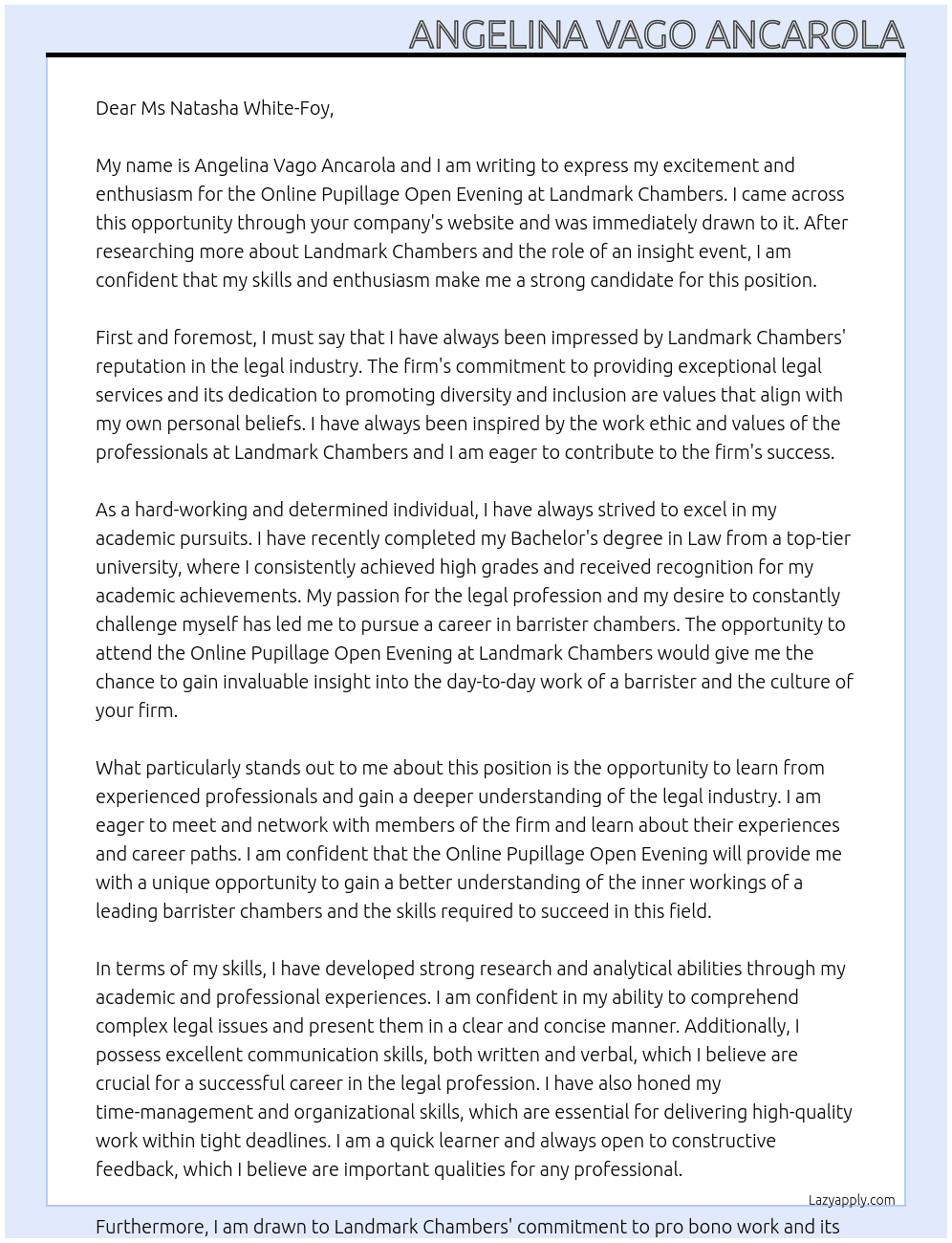 Online Pupillage Open Evening At Landmark Chambers Cover Letter