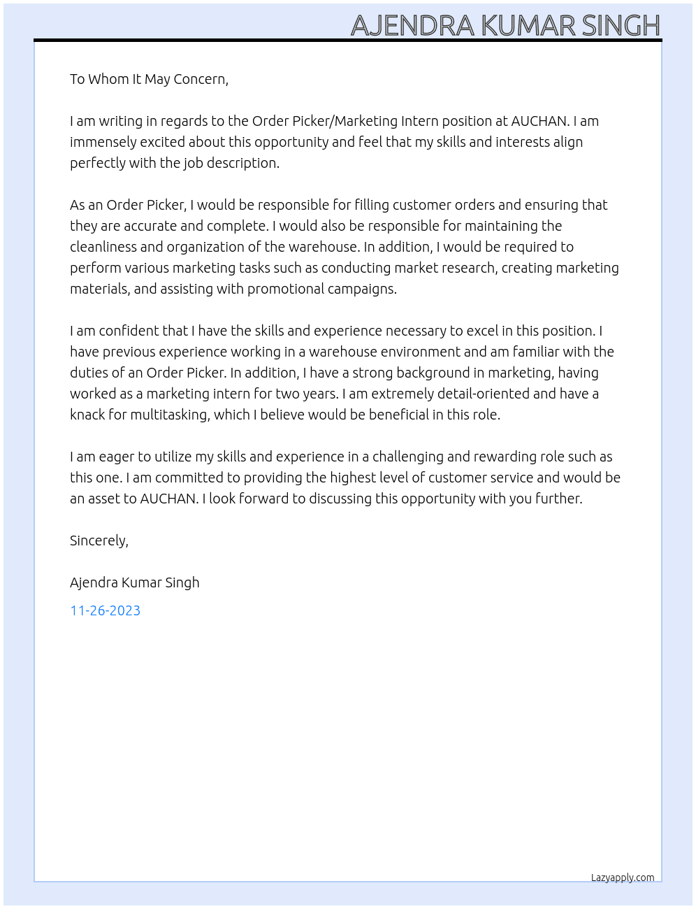 Order PickerMarketing Intern At AUCHAN Cover Letter