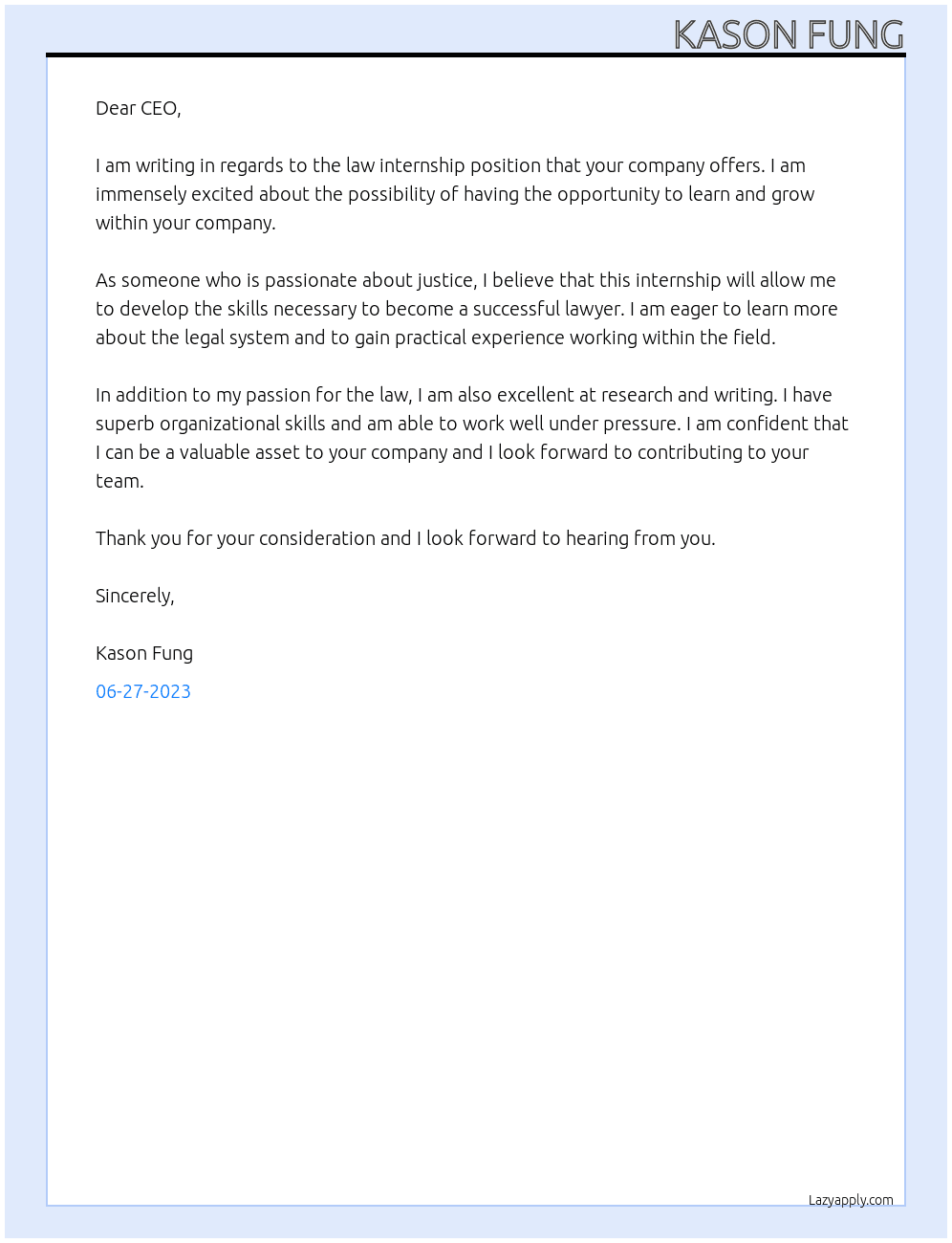 Law Intern At Law internship Cover Letter