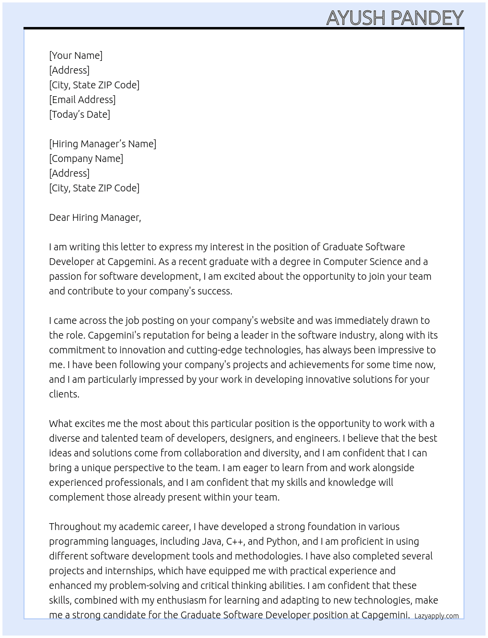 Graduate Software Developer At Capgemini Cover Letter