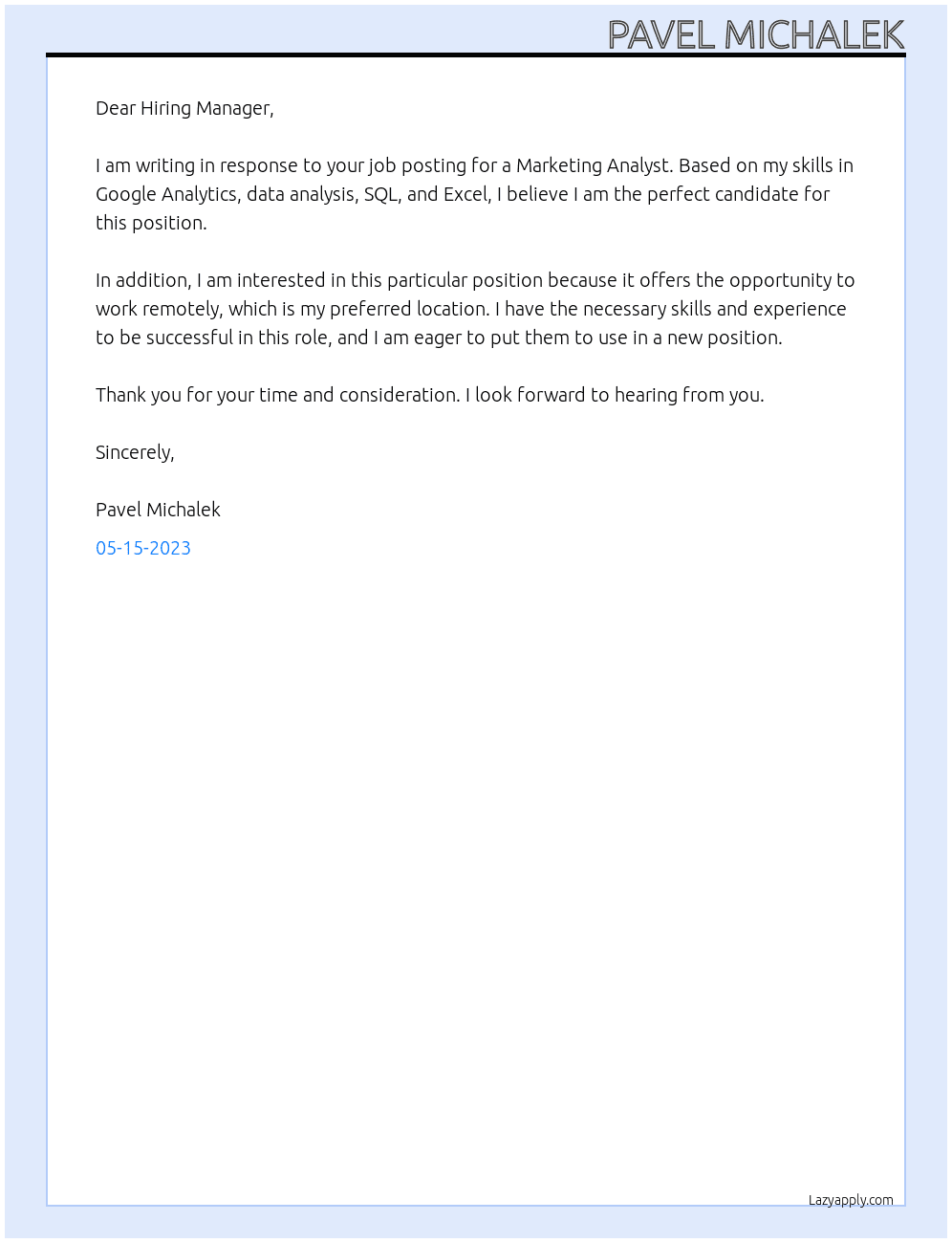 Marketing Analyst At Purpose Financial Cover Letter