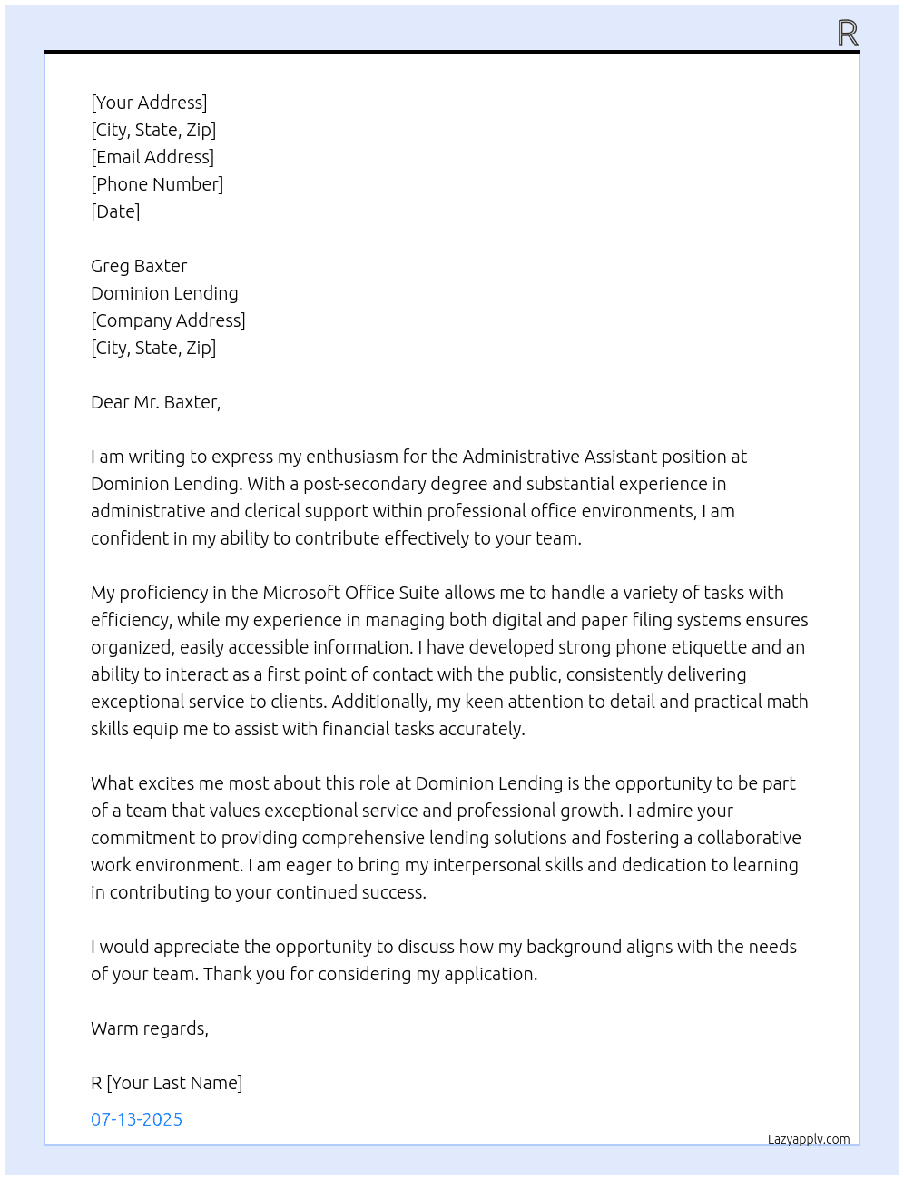 Administrative Assistant At Dominion Lending Cover Letter