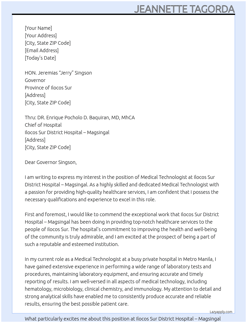 Medical Technologist At Ilocos Sur District Hospital Magsingal Cover Letter