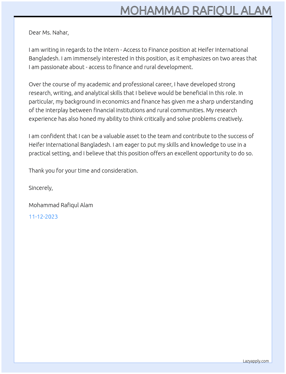 Intern - Access to Finance At Heifer International Bangladesh Cover Letter