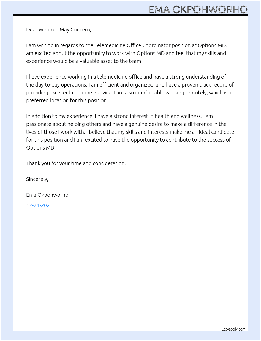 Telemedicine Office Coordinator At Options MD Cover Letter