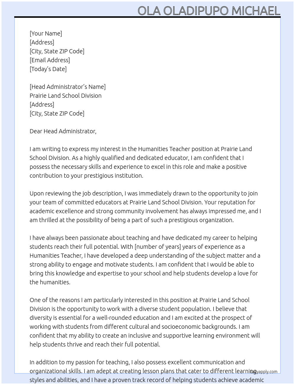 Humanities Teacher At Prairie Land School Division Cover Letter