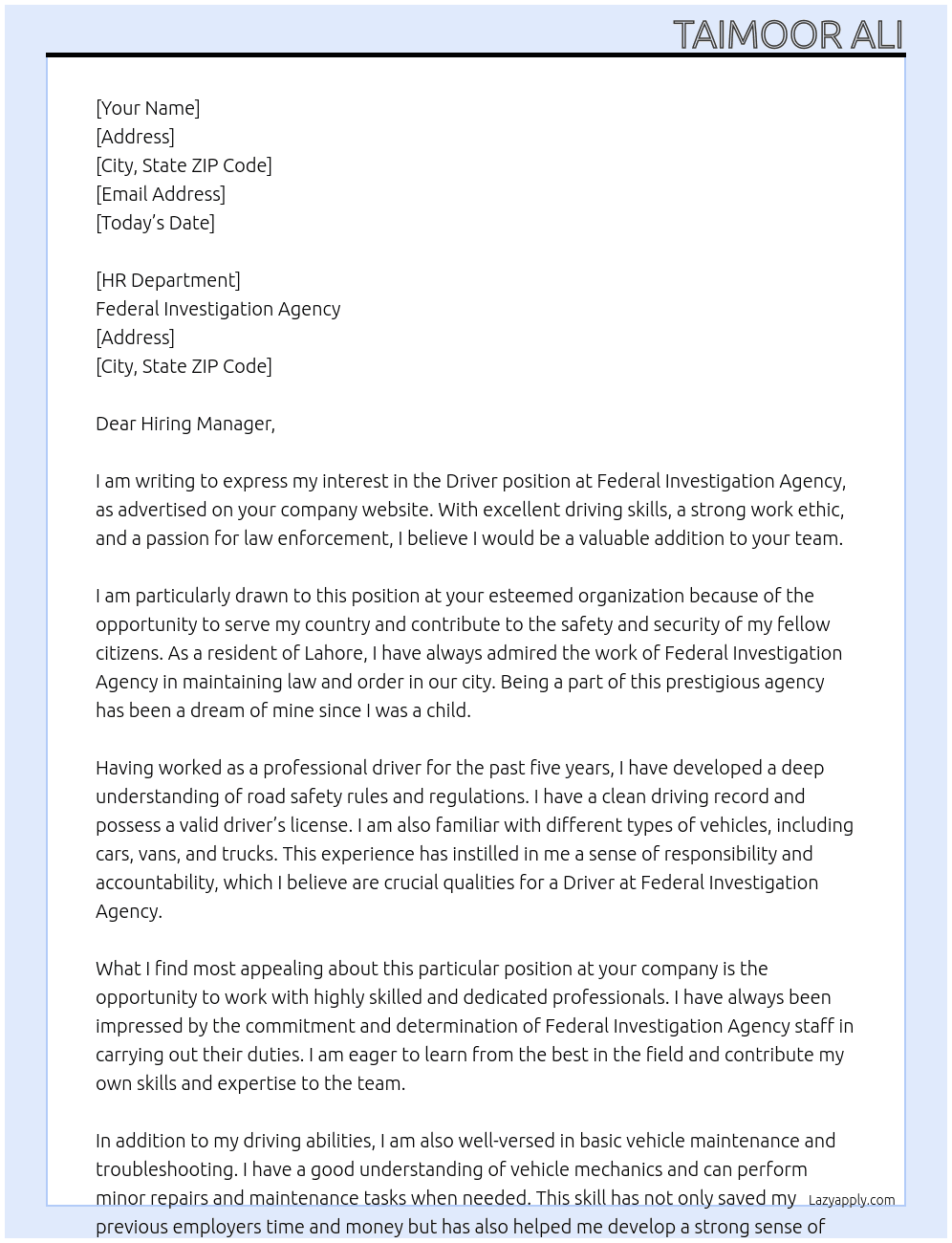 Driver At Federal investigation agency Cover Letter