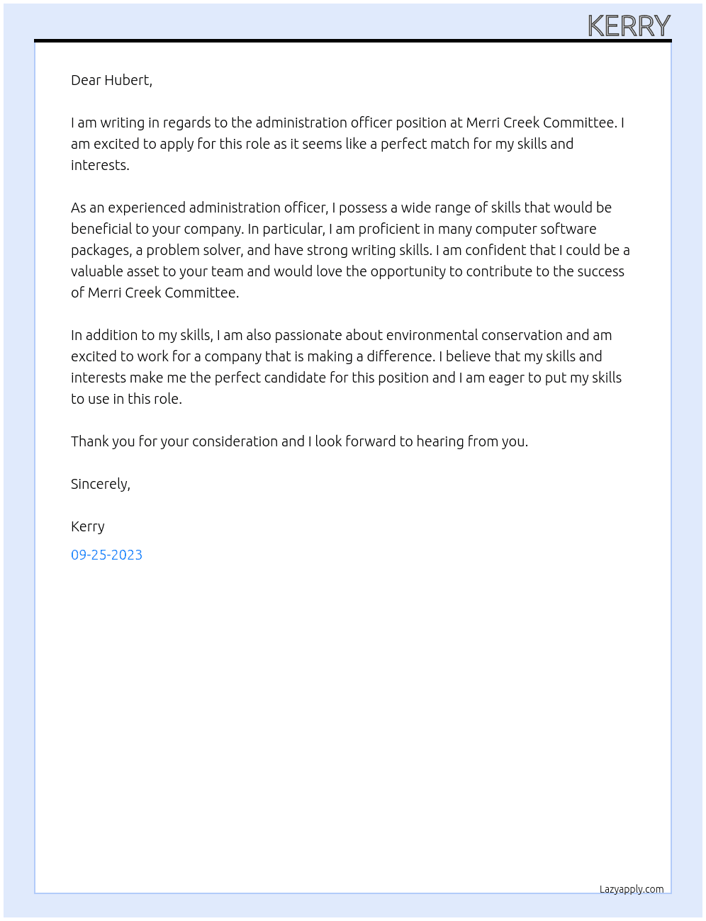 adminstration officer At Merri Creek Committee  Cover Letter