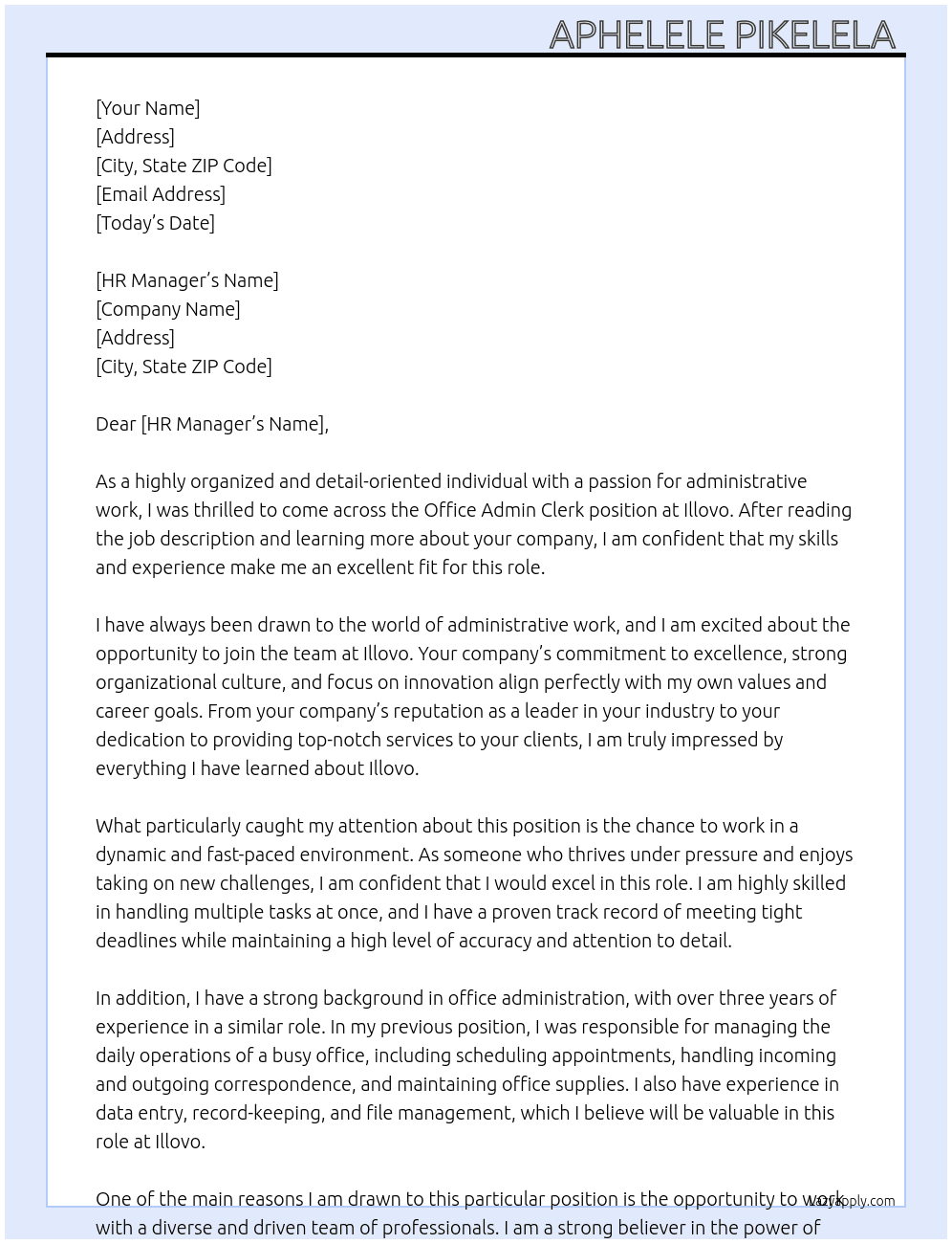 Office admin clerk At Illovo Cover Letter