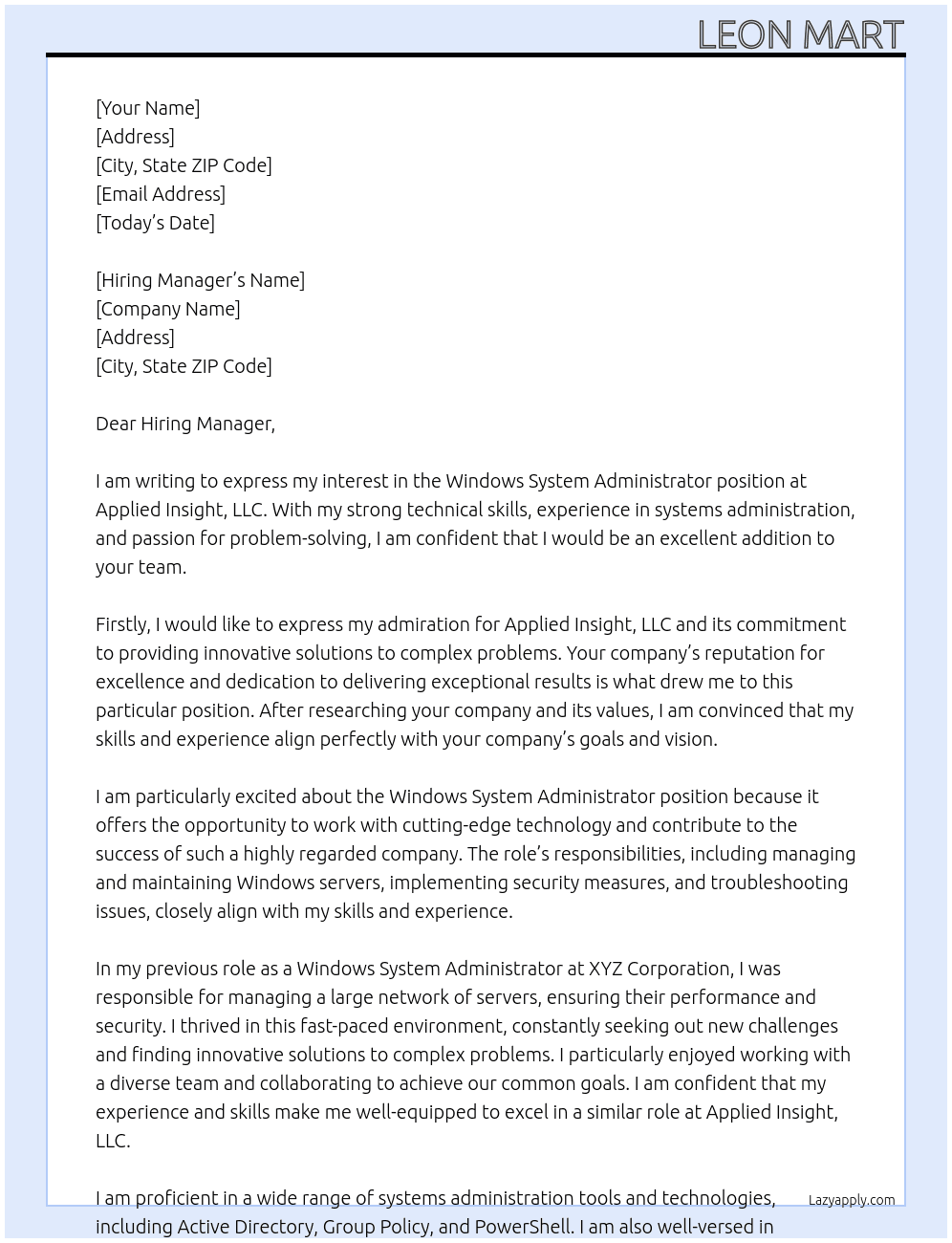 Windows System Administrator At Applied Insight, LLC Cover Letter