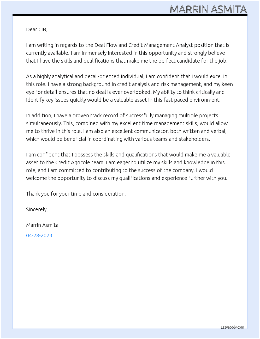 Deal Flow and Credit Management Analyst M/F At Credit Agricole Cover Letter