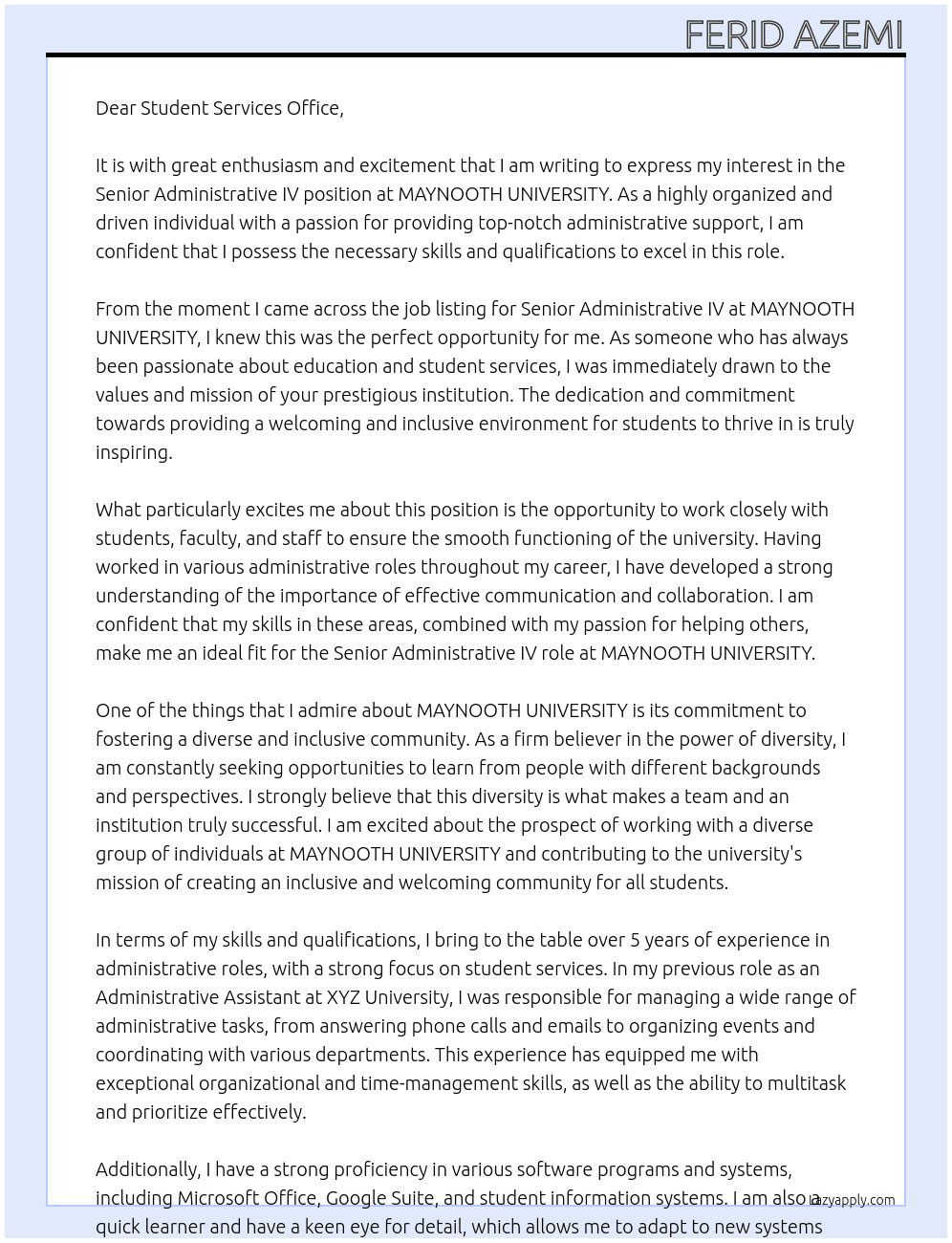 Senior Administrative IV At MAYNOOTH UNIVERSITY Cover Letter