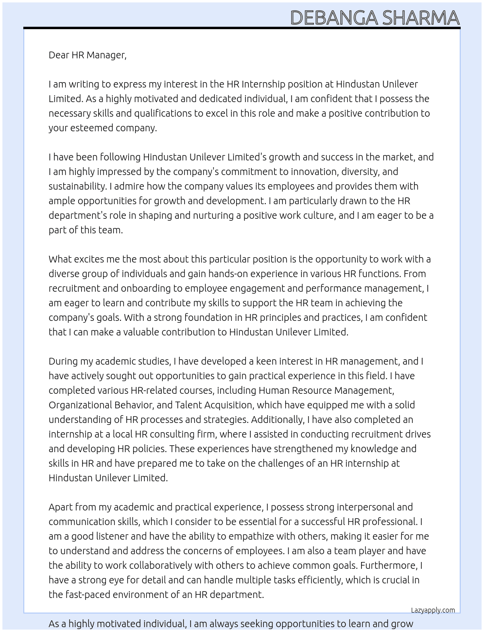 HR internship At Hindustan Unilever Limited Cover Letter