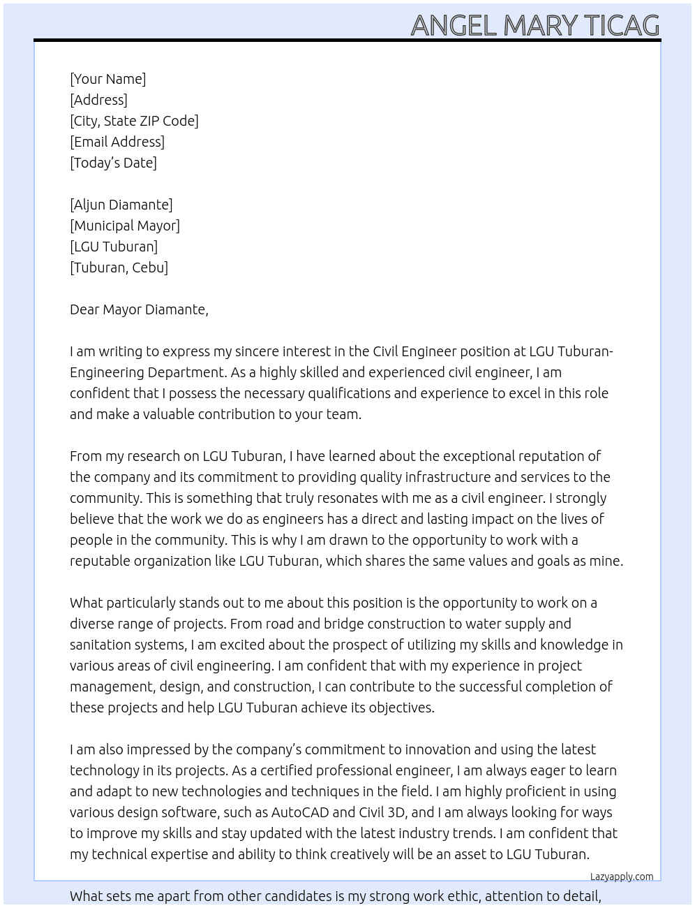 Civil engineer  At LGU TUBURAN- ENGINEERING DEPARTMENT  Cover Letter