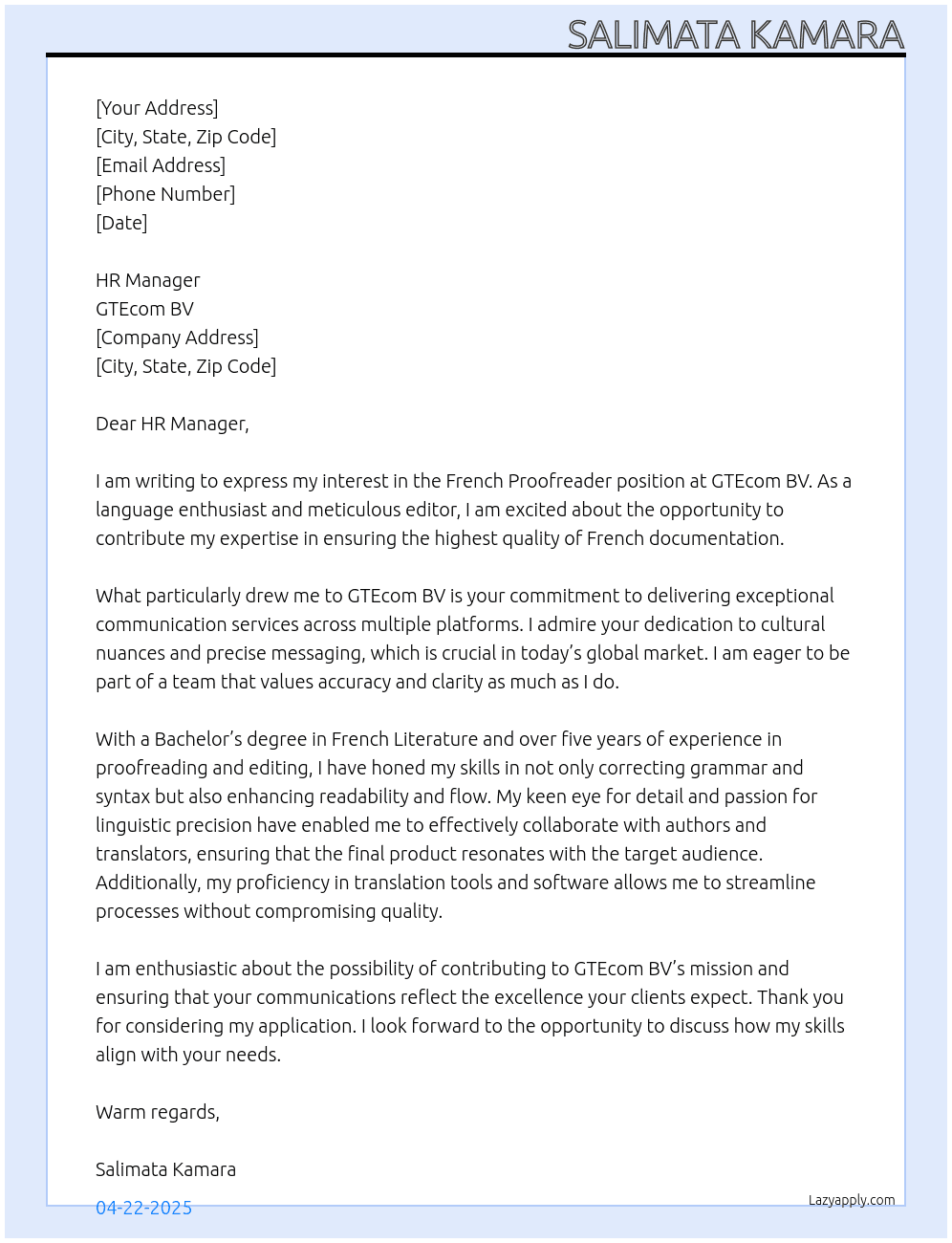 French proofreader At GTEcom BV Cover Letter