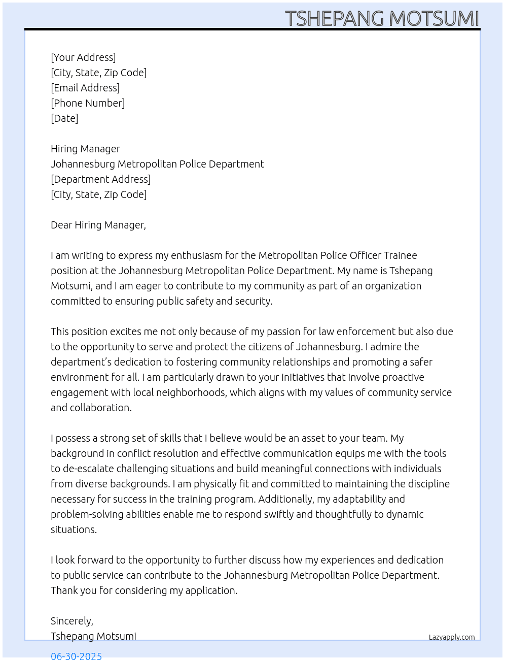 Metropolitan Police Officer Trainees At Johannesburg Metropolitan Police Department Cover Letter
