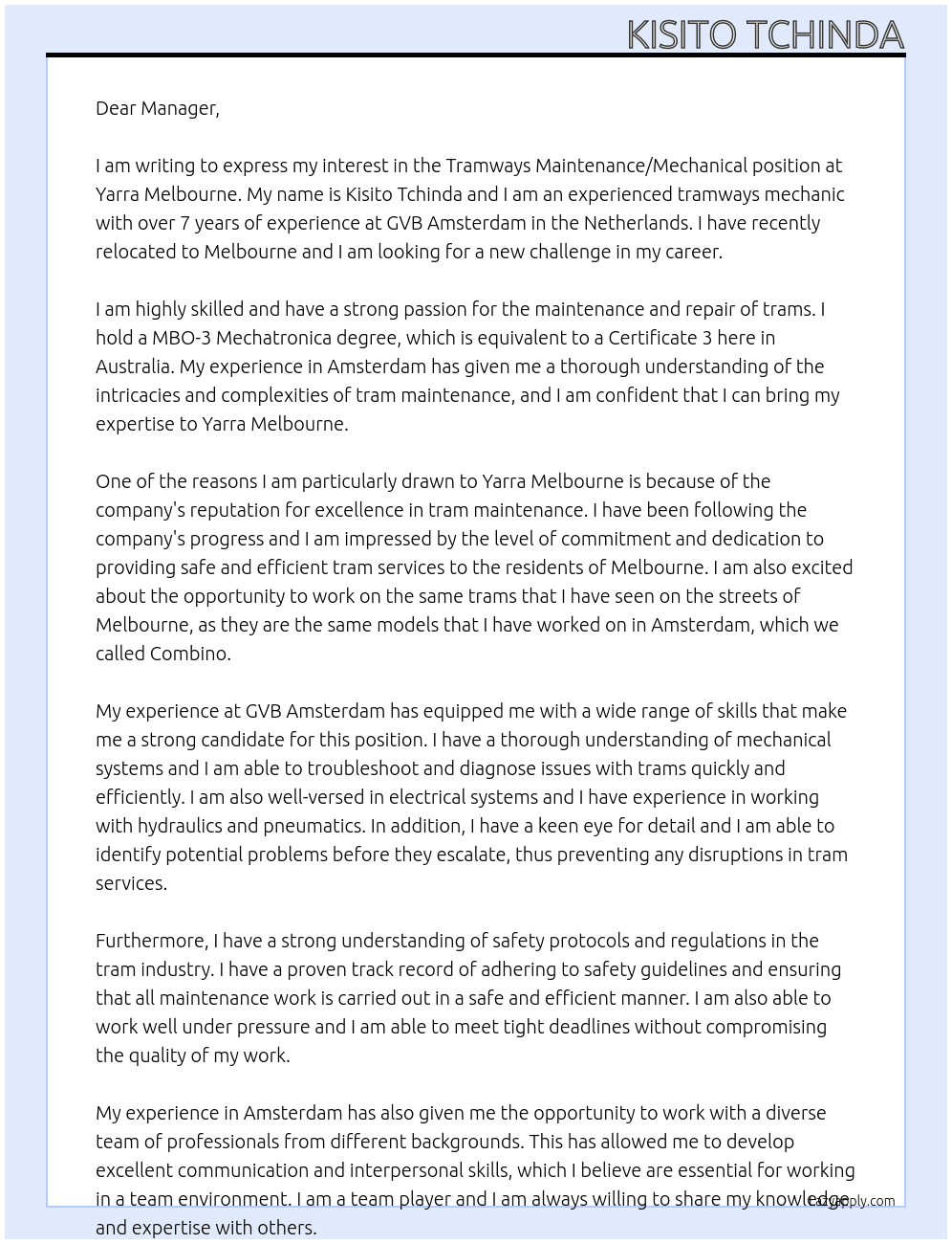 Tramways Maintenance /mechanical  At Yarra Melbourne Cover Letter