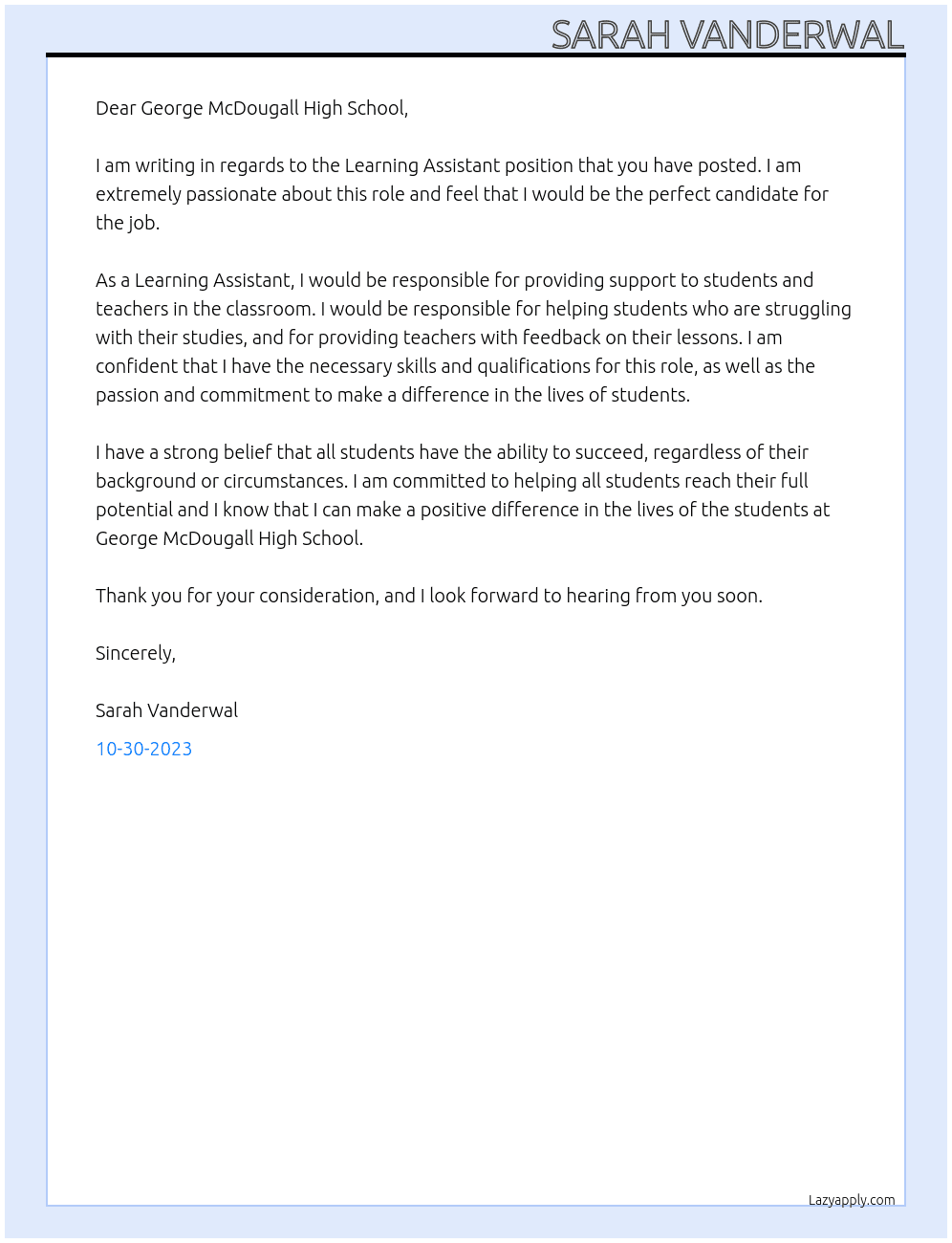 Learning Assistant At George McDougall High School Cover Letter