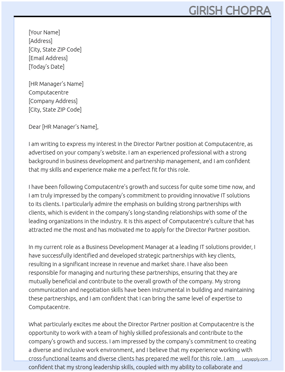 Director Partner At Computacentre Cover Letter
