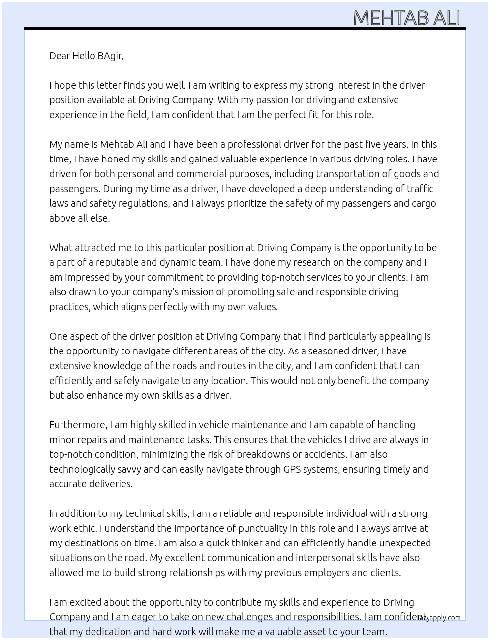 Driver  At Driving  Cover Letter
