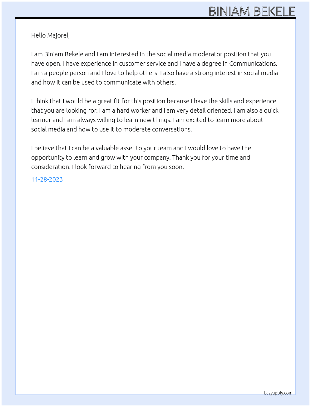 social meda modator  At Majorel Cover Letter