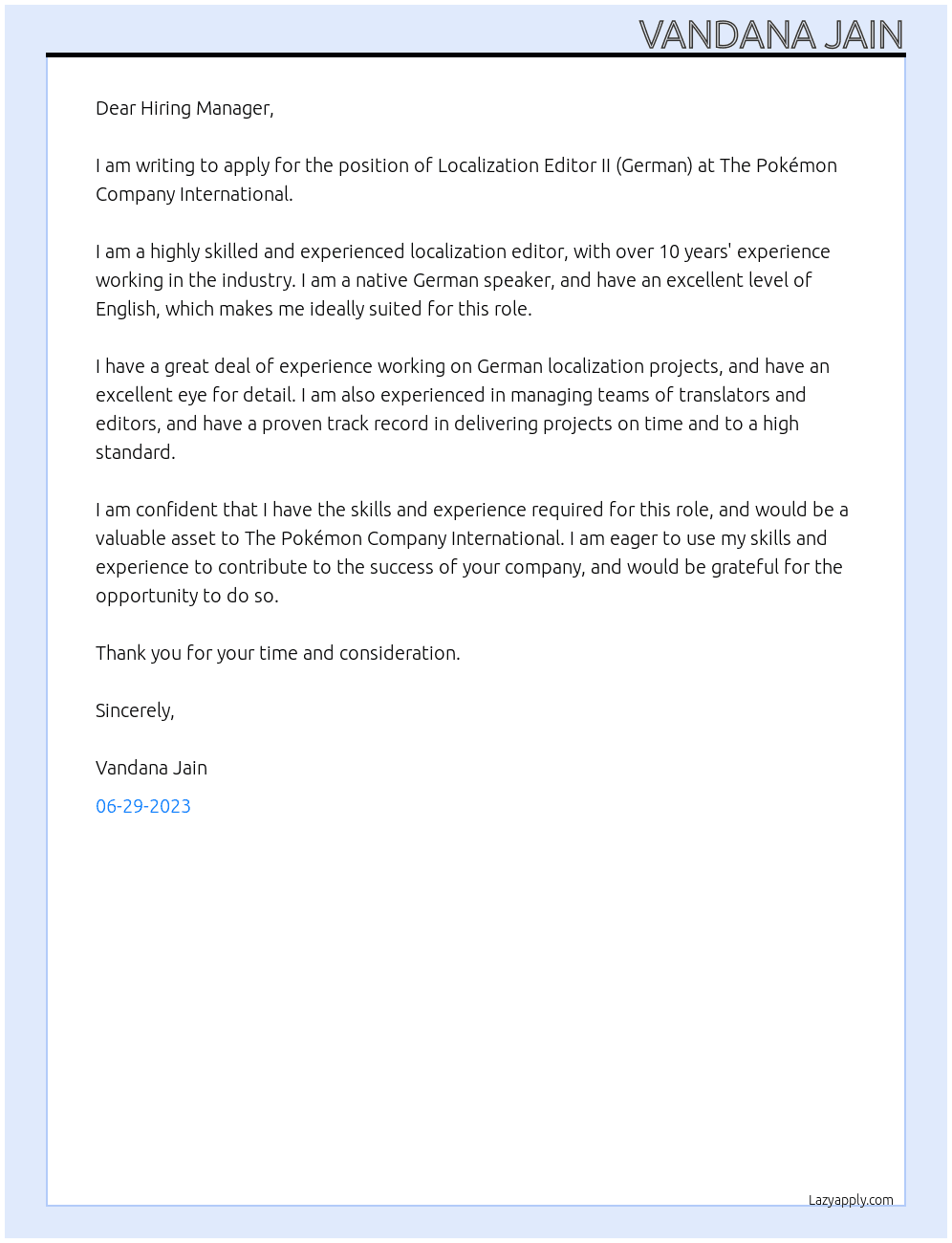 Localization Editor II (German) At The Pokémon Company International Cover Letter