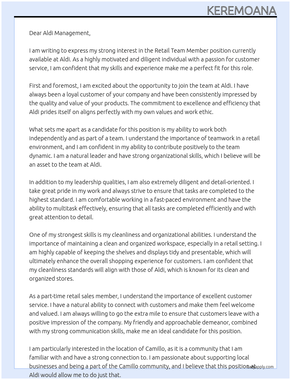 Retail team member At Aldi Cover Letter