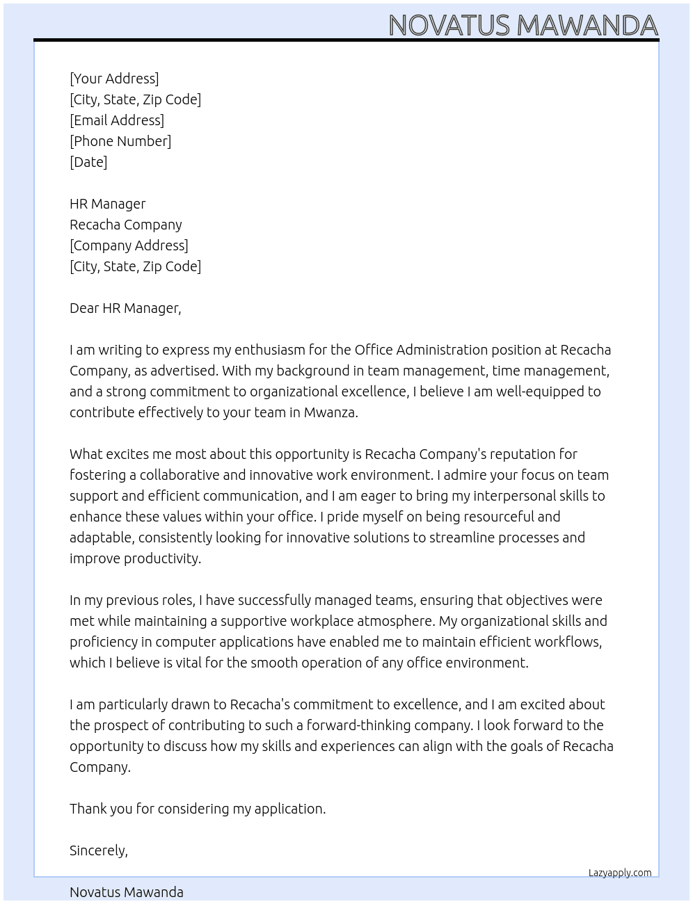 OFFICE ADMINISTRATION At RECACHA COMPANY Cover Letter