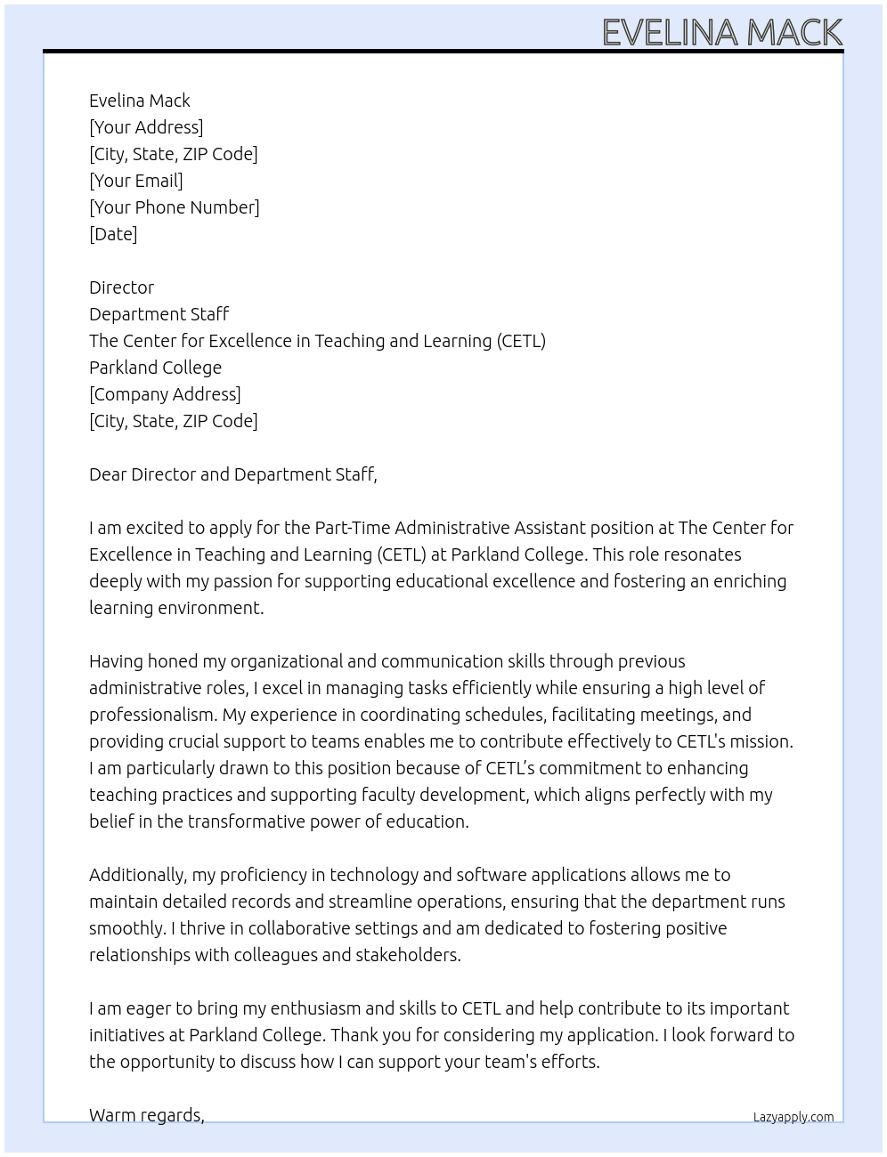 Cover letter for part-time administrative assistant - LazyApply
