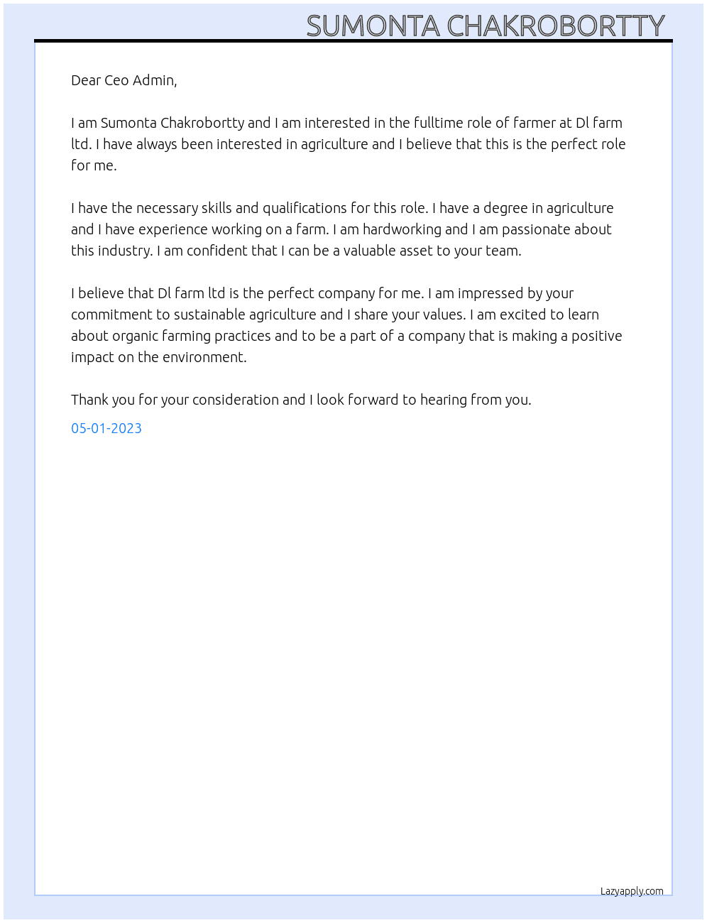 Farmer At Dl farm ltd Cover Letter