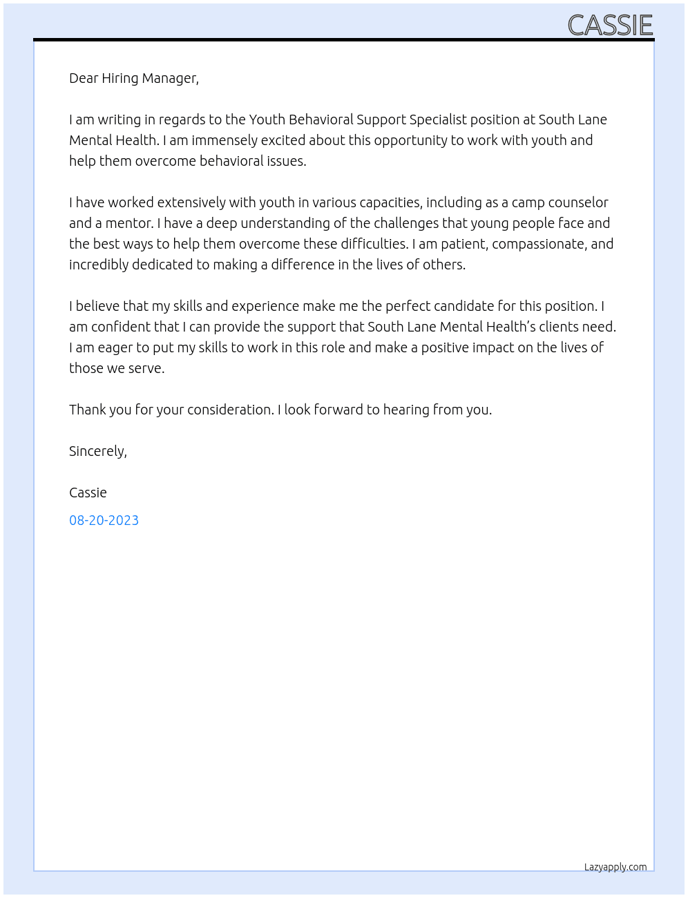 Youth Behavioral Support Specialist  At South Lane Mental Health Cover Letter