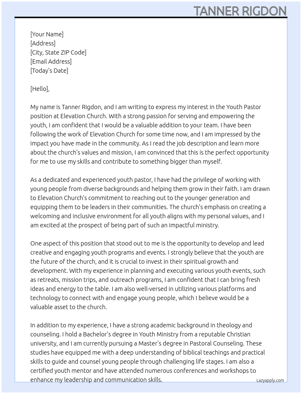 youth pastor At elevation church Cover Letter