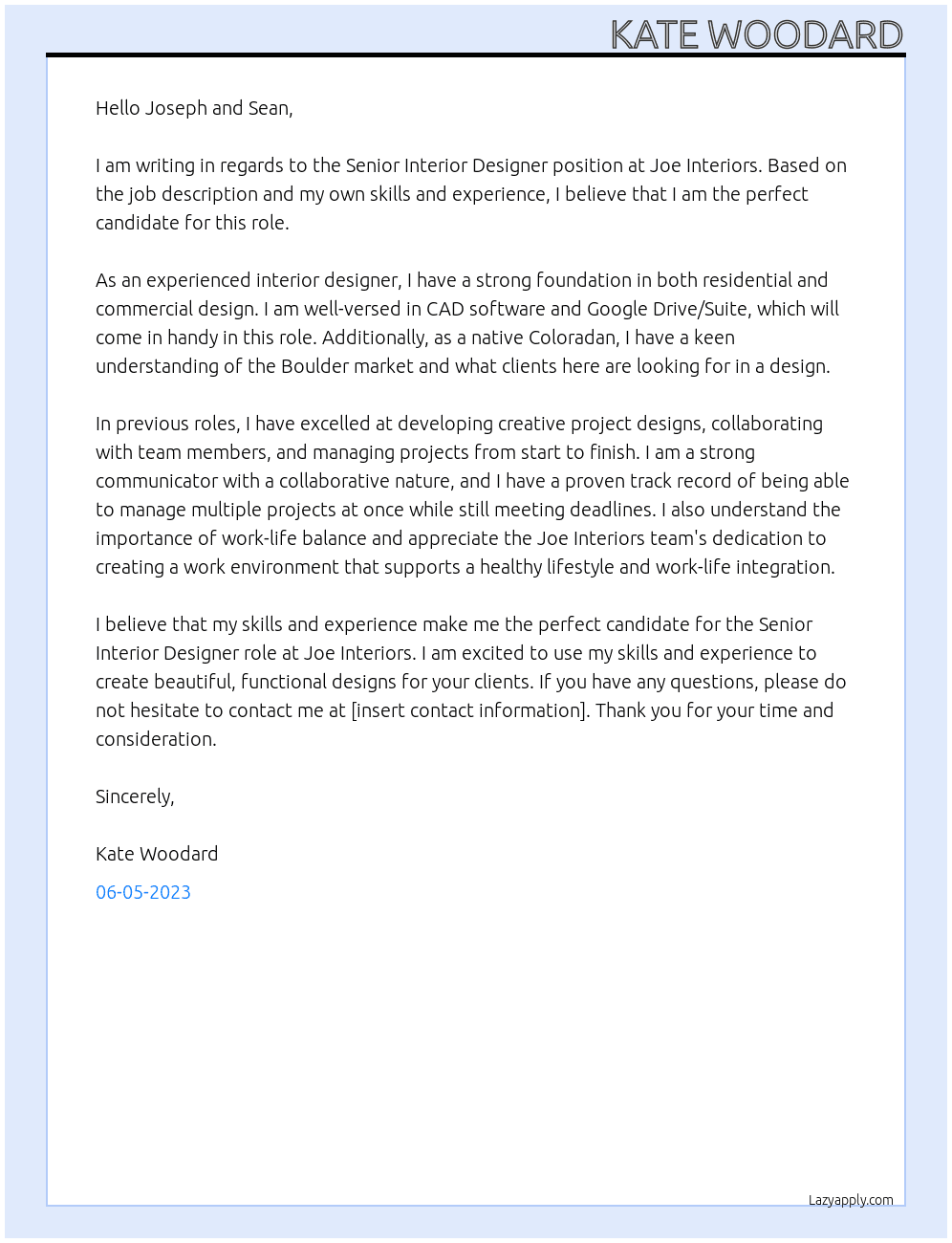 Senior Interior Designer At Joe Interiors Cover Letter