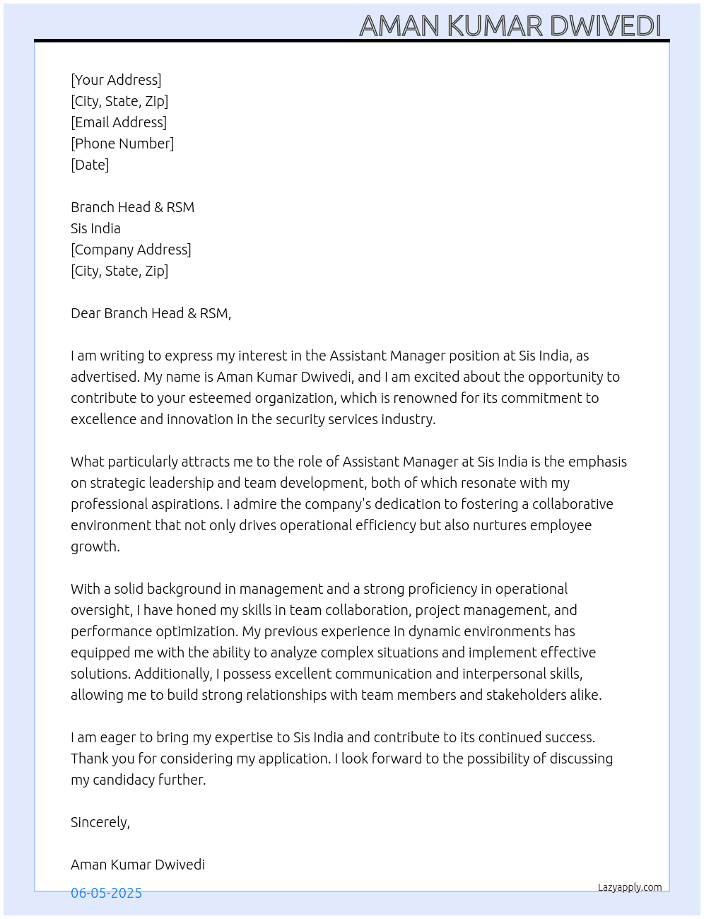 Assistant manager  At Sis India  Cover Letter