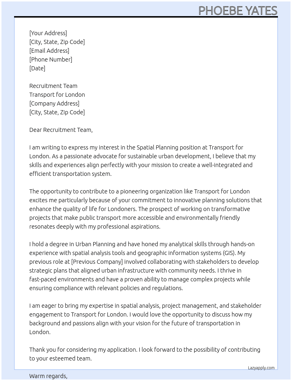spatial planning At Transport for London Cover Letter