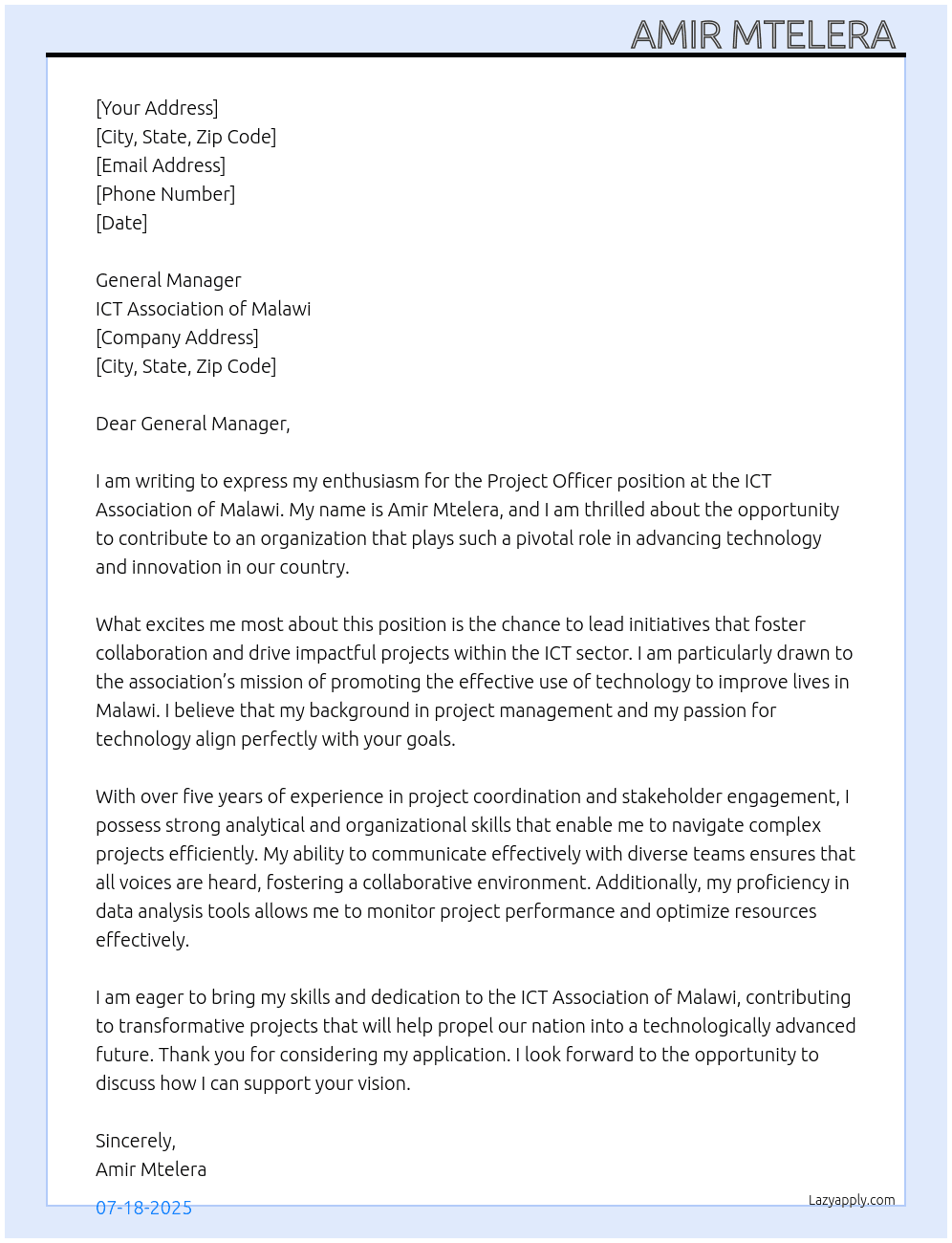 Project officer  At Ict association of Malawi  Cover Letter
