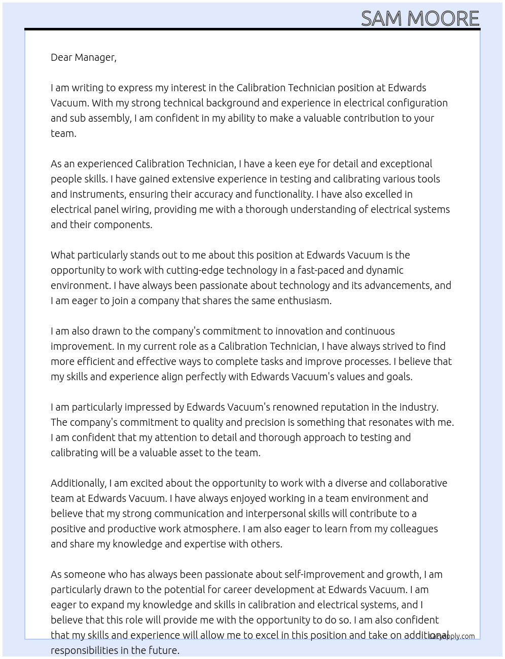 Calibration Technician At Edwards Vacuum Cover Letter