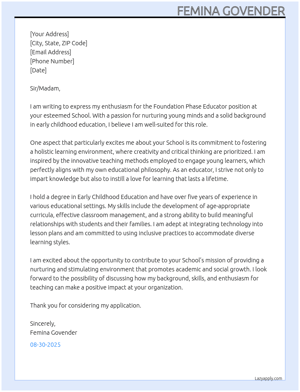 Cover letter for foundation phase educator - LazyApply