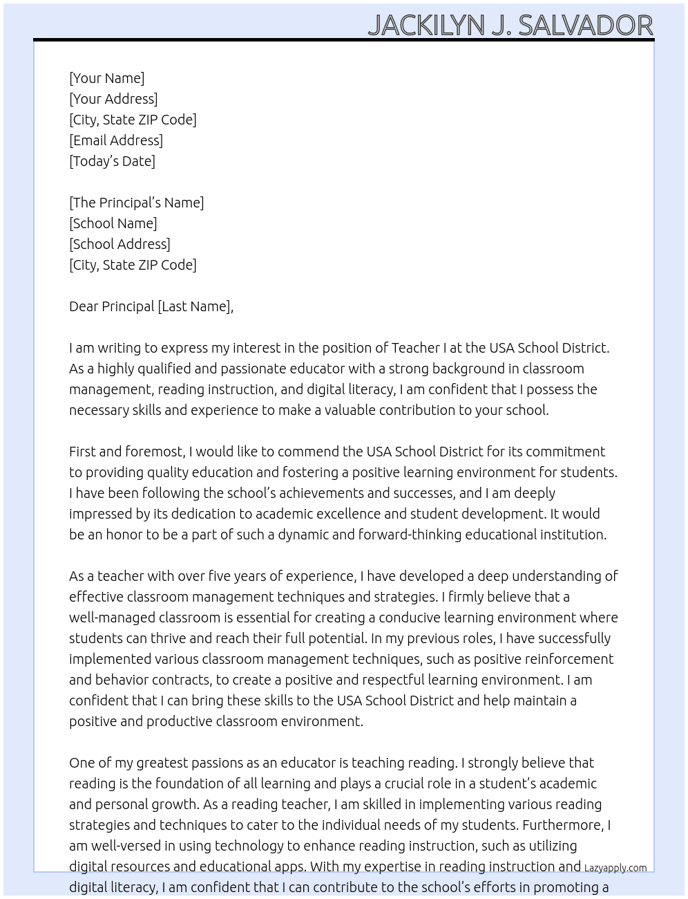 TEACHER I At USA SCHOOL DISTRICT Cover Letter