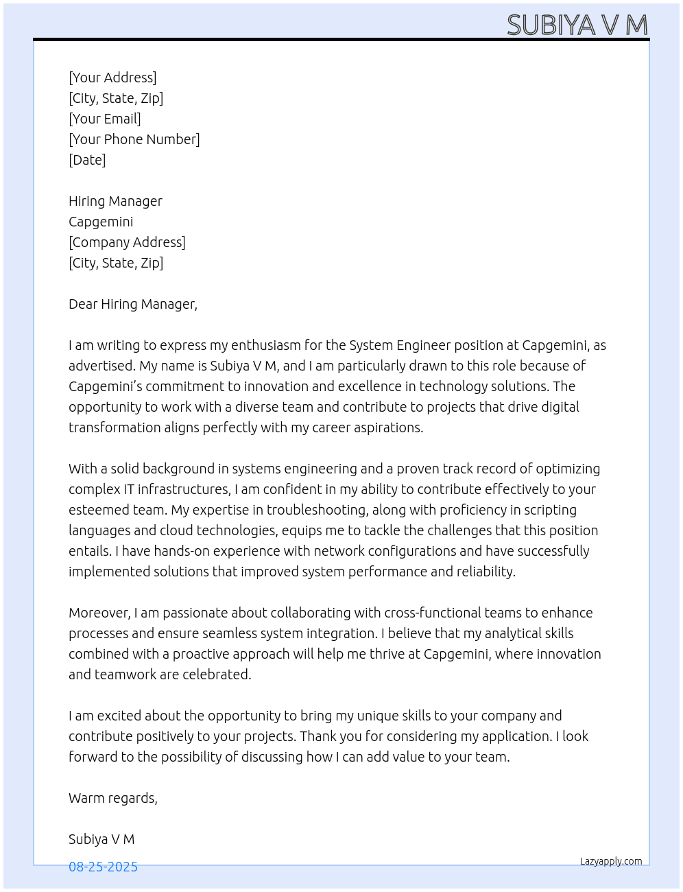 System engineer At Capgemini Cover Letter