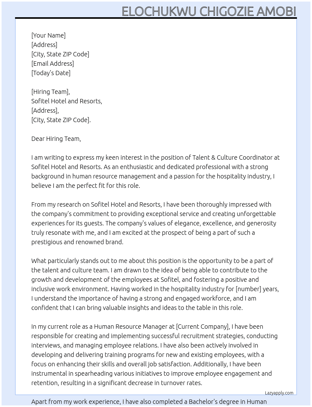 Talent & Culture Coordinator At Sofitel Hotel and Resorts Cover Letter