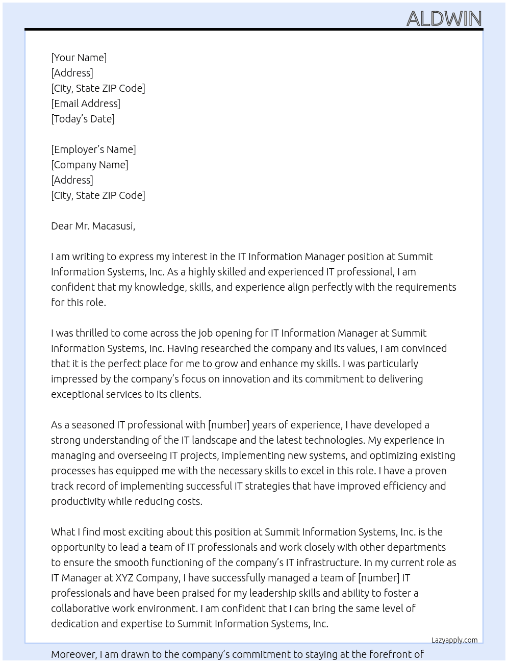 IT Information Manager  At Summit Information Systems, Inc. Cover Letter