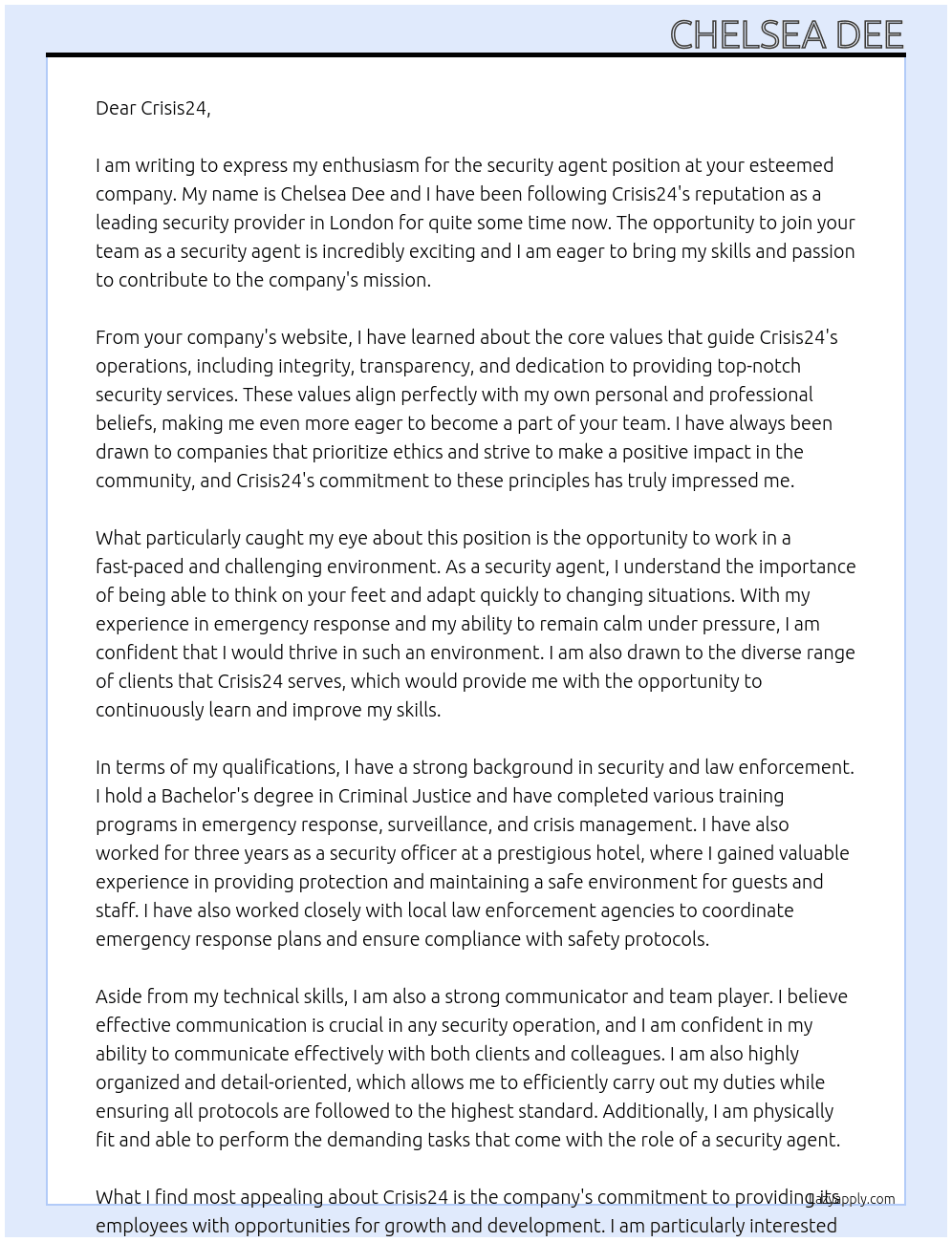 security agent At Crisis24 Cover Letter