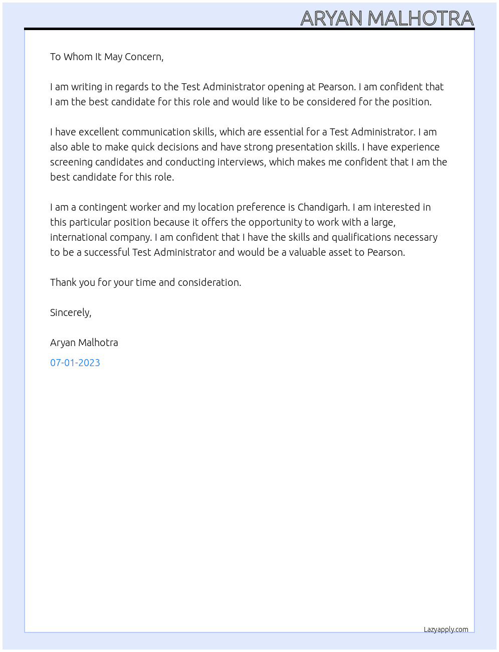 test administrator  At pearson  Cover Letter