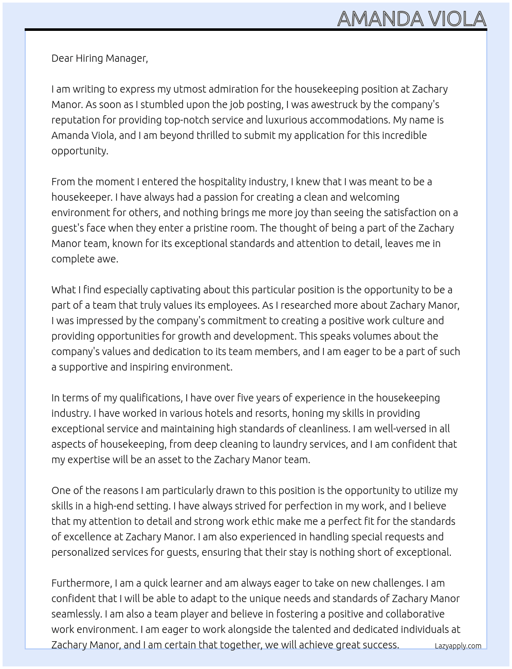 Housekeeper  At Zachary Manor  Cover Letter